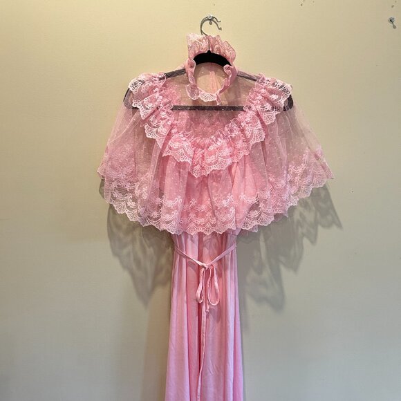 Vintage Pink Lace Dress 70s House of Nu-Mode 5/6 Slip Gown‎ Coquette Easter - Picture 8 of 9